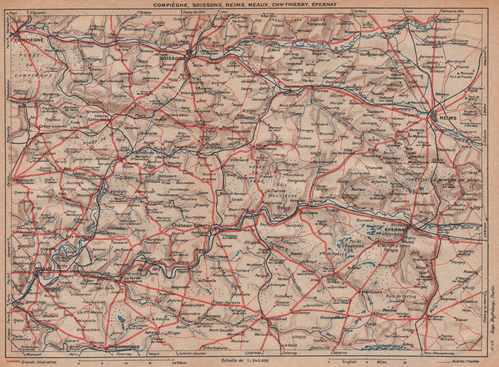 AISNE & MARNE VALLEYS. Reims Meaux Soissons Épernay Champagne Oise 1922 map